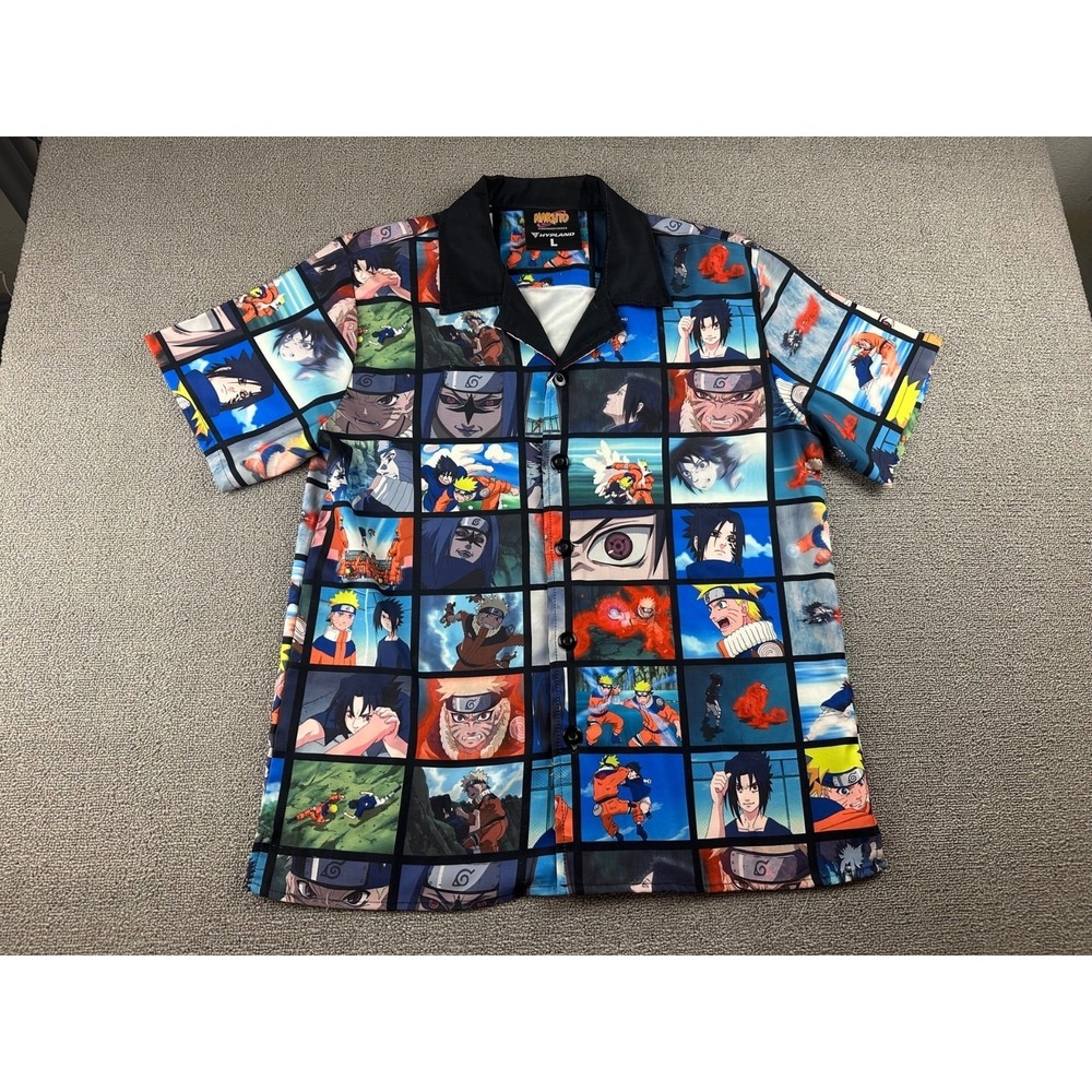 Hypland Naruto vs Sasuke Scenes Button Up Shirt Men L Multi Color Anime Manga